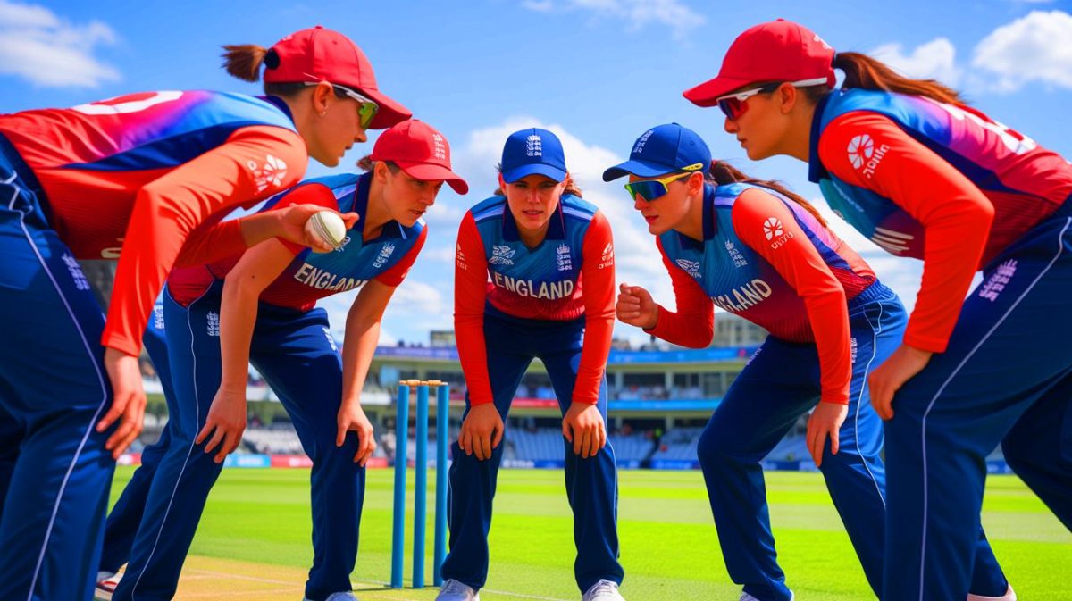 Illustration of England's women's cricket team strategizing for the ODI series against India, created by artificial intelligence.