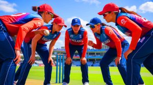 Illustration of England's women's cricket team strategizing for the ODI series against India, created by artificial intelligence.