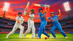 Illustration of England's cricket team deliberating on their strategy against India in the one-day international series, created by artificial intelligence.