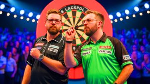 Illustration of James Wade and Jonny Clayton preparing for their semi-final showdown at the 2025 World Matchplay, generated by artificial intelligence.