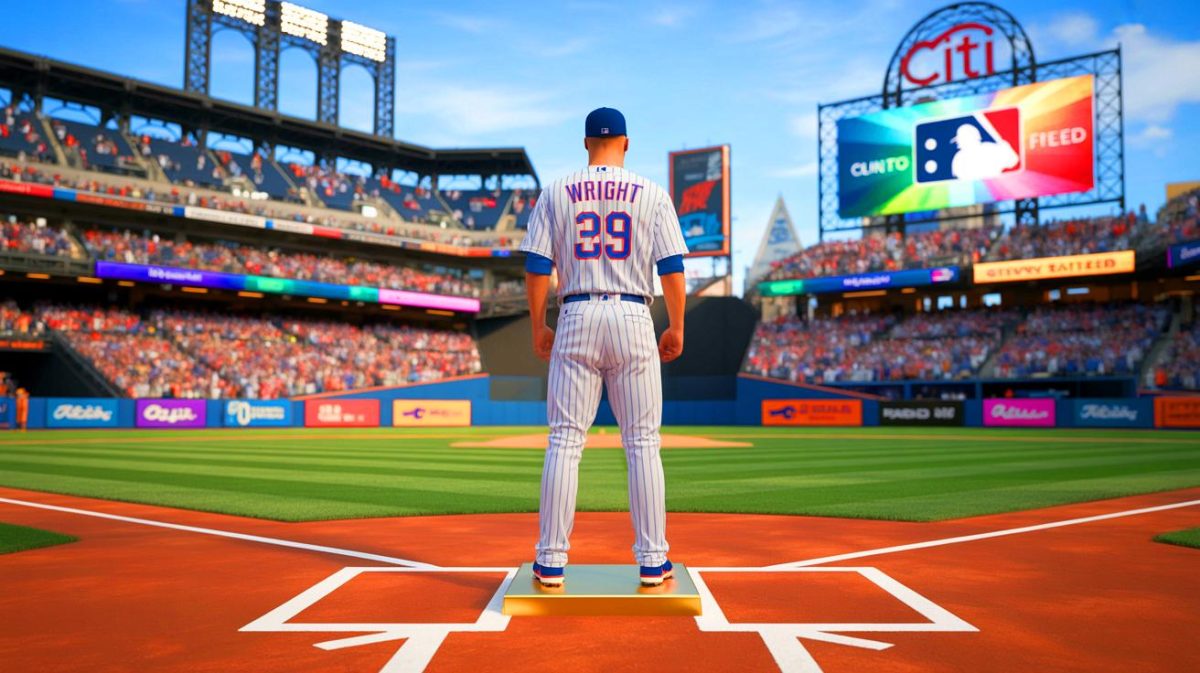 Illustration of David Wright being honored by the New York Mets with the retirement of his No. 5 jersey and induction into the team Hall of Fame.