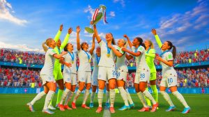 Illustration of England's Lionesses celebrating their Euro 2025 victory, showcasing their triumphant moment as European champions.