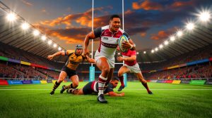 Illustration of Joe Ofahengaue breaking free to score his side's first try of the game, generated by artificial intelligence.