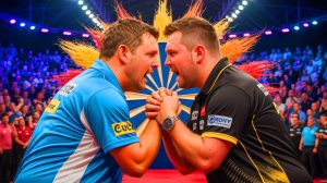Illustration of Gerwyn Price and Daryl Gurney's intense confrontation during the World Matchplay Darts, generated by artificial intelligence.