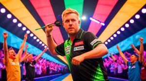 Illustration of Luke Littler celebrating his victory at the World Matchplay 2025, generated by artificial intelligence.