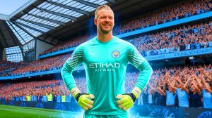 Illustration of James Trafford returning to Manchester City in a record-breaking transfer from Burnley.