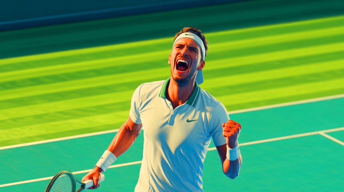Illustration of Emma Raducanu celebrating her victory over Naomi Osaka at the Mubadala Citi DC Open, generated by artificial intelligence.