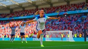 Illustration of Chloe Kelly celebrating her last-minute goal that secured England's spot in the Euro 2025 final, created by artificial intelligence.