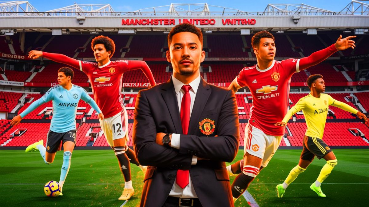 Illustration of Ruben Amorim navigating Manchester United's transfer dynamics with key players.