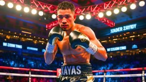Illustration of Xander Zayas preparing for his title fight at Madison Square Garden, an artificial illustration.