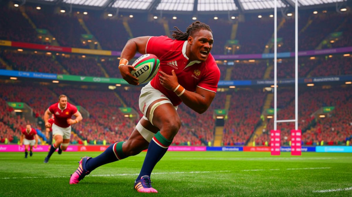 Illustration of Maro Itoje leading the British and Irish Lions against Australia in a high-stakes rugby Test, created by artificial intelligence.
