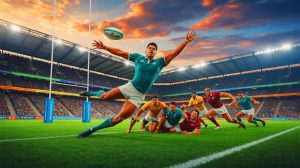 Illustration of Mason Lino scoring the last-second drop goal for Wakefield against Leeds, artificially generated.