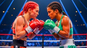 Illustration of Claressa Shields and Laila Ali facing off in a boxing ring, created by artificial intelligence.