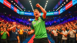 Illustration of Luke Littler celebrating his dramatic comeback victory against Jermaine Wattimena at the World Matchplay, generated by artificial intelligence.