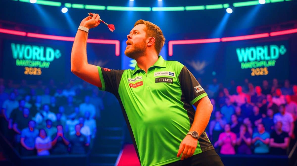 Illustration of Luke Littler dominating Ryan Searle at the World Matchplay 2025, created by artificial intelligence.