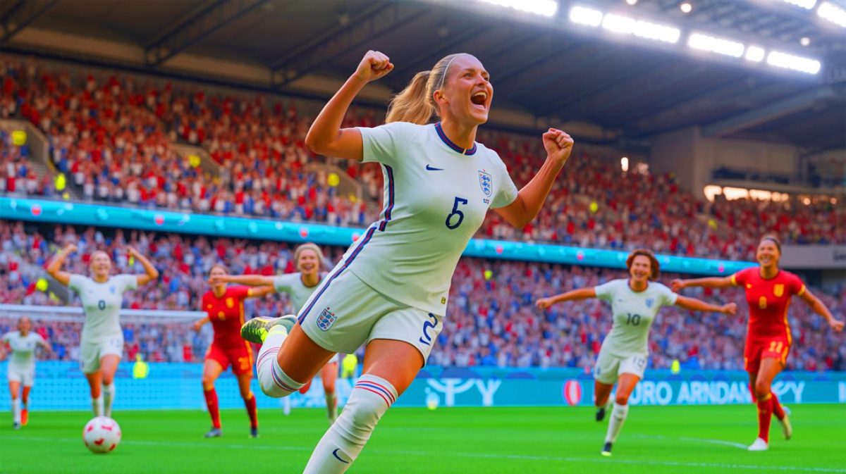 Illustration of Chloe Kelly celebrating after scoring the winning penalty for England in the Euro 2025 final, generated by artificial intelligence.