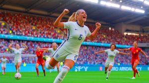 Illustration of Chloe Kelly celebrating after scoring the winning penalty for England in the Euro 2025 final, generated by artificial intelligence.