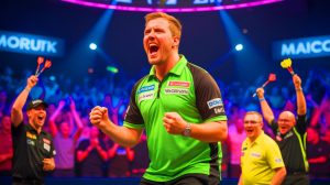 Illustration of Josh Rock celebrating his victory over Michael van Gerwen in a thrilling World Matchplay tie-breaker, generated by artificial intelligence.