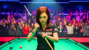 Illustration of Seo Seoa celebrating her victory over Albin Ouschan at the World Pool Championship.