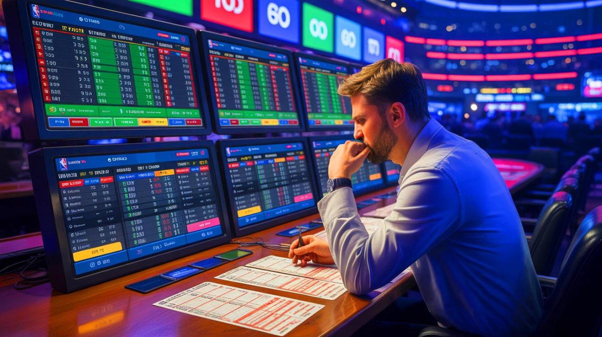 Illustration of a professional bettor placing strategic wagers on Terry Rozier's performance in a 2023 NBA game, generated by artificial intelligence.