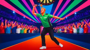 Illustration of the World Matchplay Darts 2025 tournament in Blackpool, highlighting the competition and atmosphere, generated by artificial intelligence.