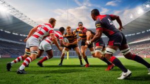 Illustration of St Helens and Leigh Leopards preparing for a Super League match, generated by artificial intelligence.