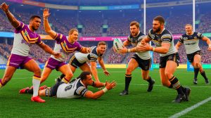 Illustration of Huddersfield Giants' triumphant victory over Hull FC in a dynamic rugby league match.
