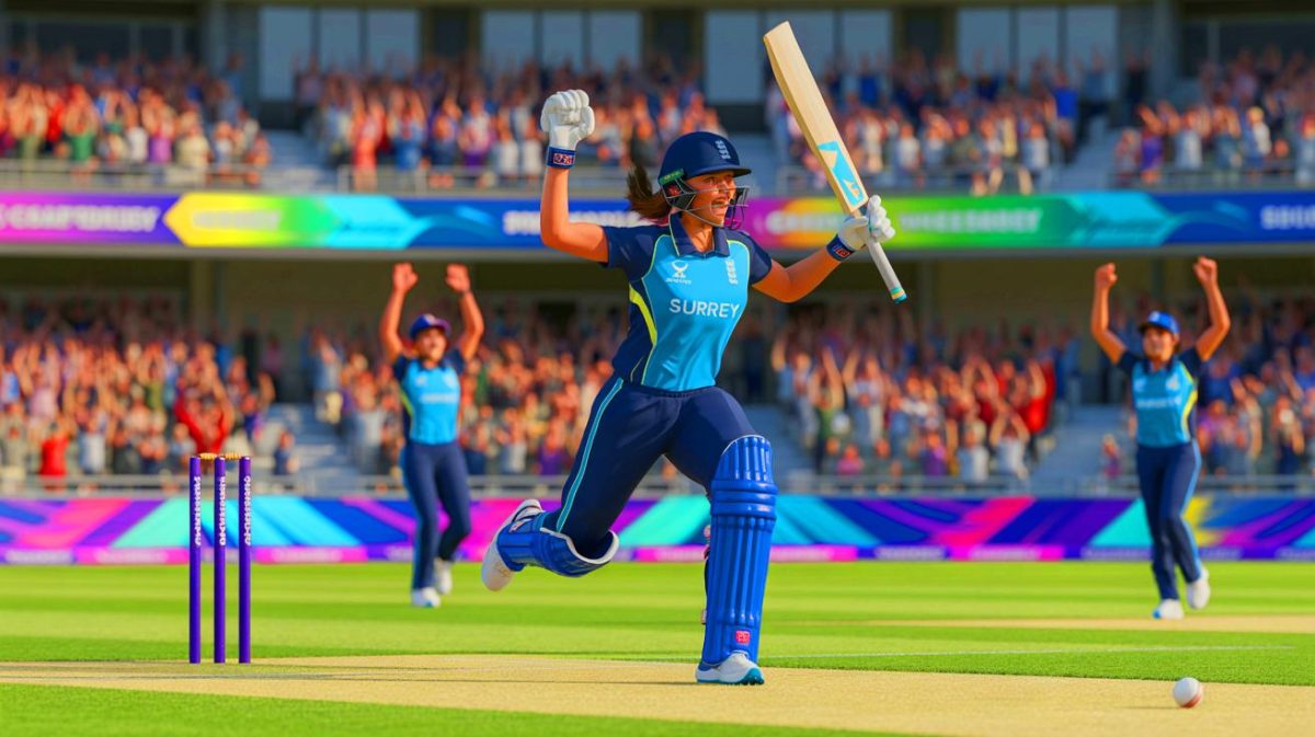 “Unstoppable Power Surge”: Grace Harris’s Spectacular Half-Century Clinches Epic Victory for Surrey in This Year’s Vitality Blast Women Finale Illustration of Grace Harris celebrating Surrey's victory in the Vitality Blast Women's final, an artificial illustration.