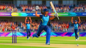 Illustration of Grace Harris celebrating Surrey's victory in the Vitality Blast Women's final, an artificial illustration.