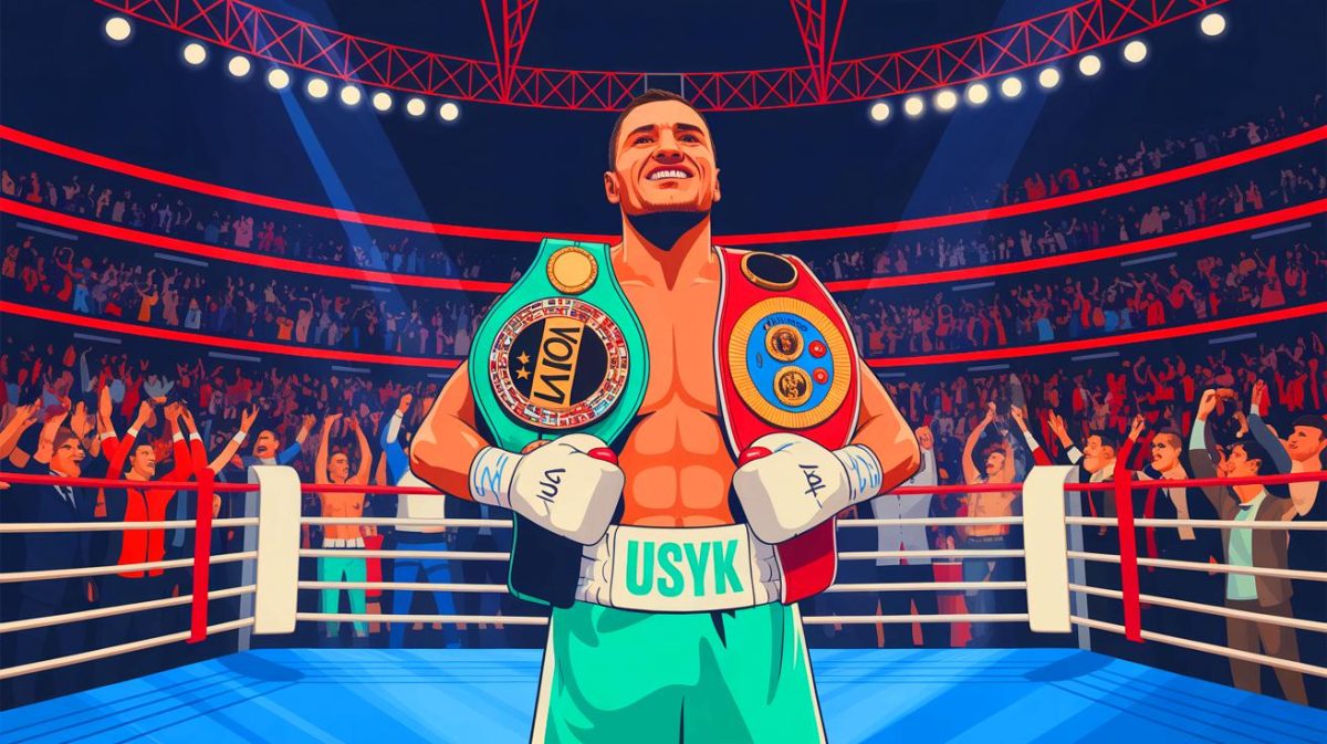 Illustration of Oleksandr Usyk celebrating his victory over Daniel Dubois as the undisputed heavyweight champion, generated by artificial intelligence.