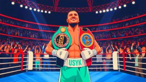 Illustration of Oleksandr Usyk celebrating his victory over Daniel Dubois as the undisputed heavyweight champion, generated by artificial intelligence.