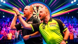 Illustration of the highly anticipated first-round darts match between Raymond van Barneveld and Michael van Gerwen at the World Matchplay 2025, generated by artificial intelligence.