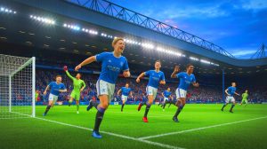 Illustration of Rangers Football Club's winning start under head coach Russell Martin, featuring young talent Findlay Curtis, generated by artificial intelligence.