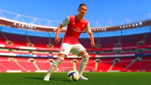 Illustration of Viktor Gyokeres in an Arsenal jersey, highlighting his potential transfer, created by artificial intelligence.