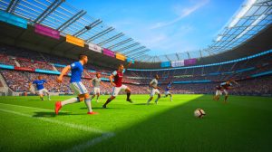 Illustration of Niclas Fullkrug scoring the winning goal for West Ham United against Everton at Soldier Field in Chicago.