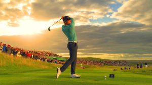 Illustration of Scottie Scheffler leading The Open Championship at Royal Portrush.