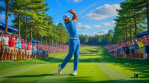Illustration of Aaron Rai competing at the Wyndham Championship after delivering eight birdies in the first round.