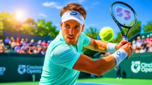 Illustration of Carlos Alcaraz competing at the Cincinnati Open under challenging heat conditions.