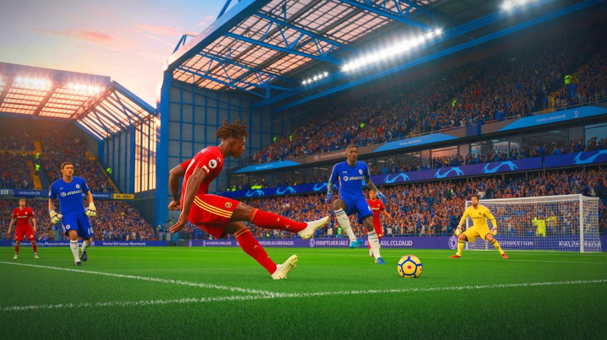 Illustration of Eberechi Eze taking a free-kick during a Premier League match against Chelsea.