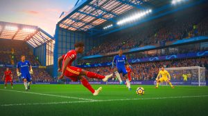 Illustration of Eberechi Eze taking a free-kick during a Premier League match against Chelsea.