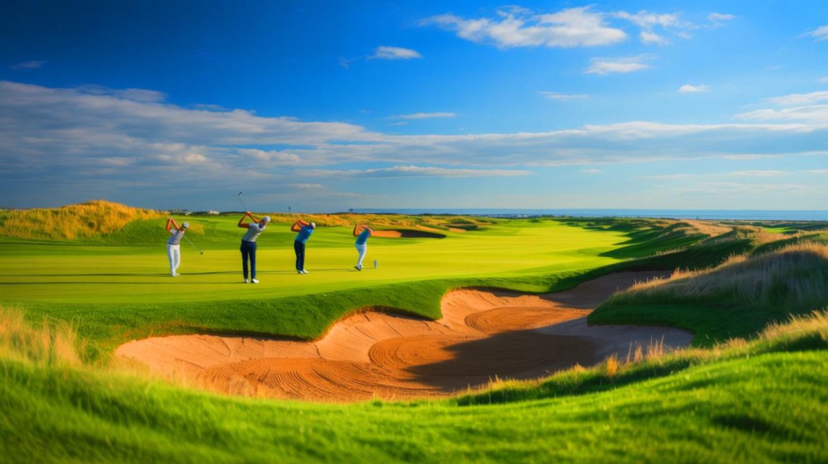 Illustration of golfers competing at the AIG Women's Open at Royal Porthcawl.
