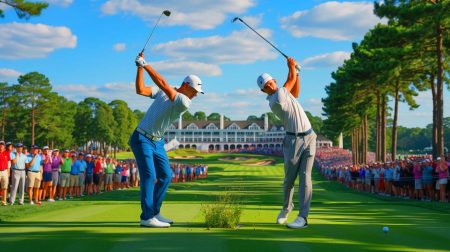 Illustration of Tommy Fleetwood competing fiercely at the Tour Championship amidst intense competition.