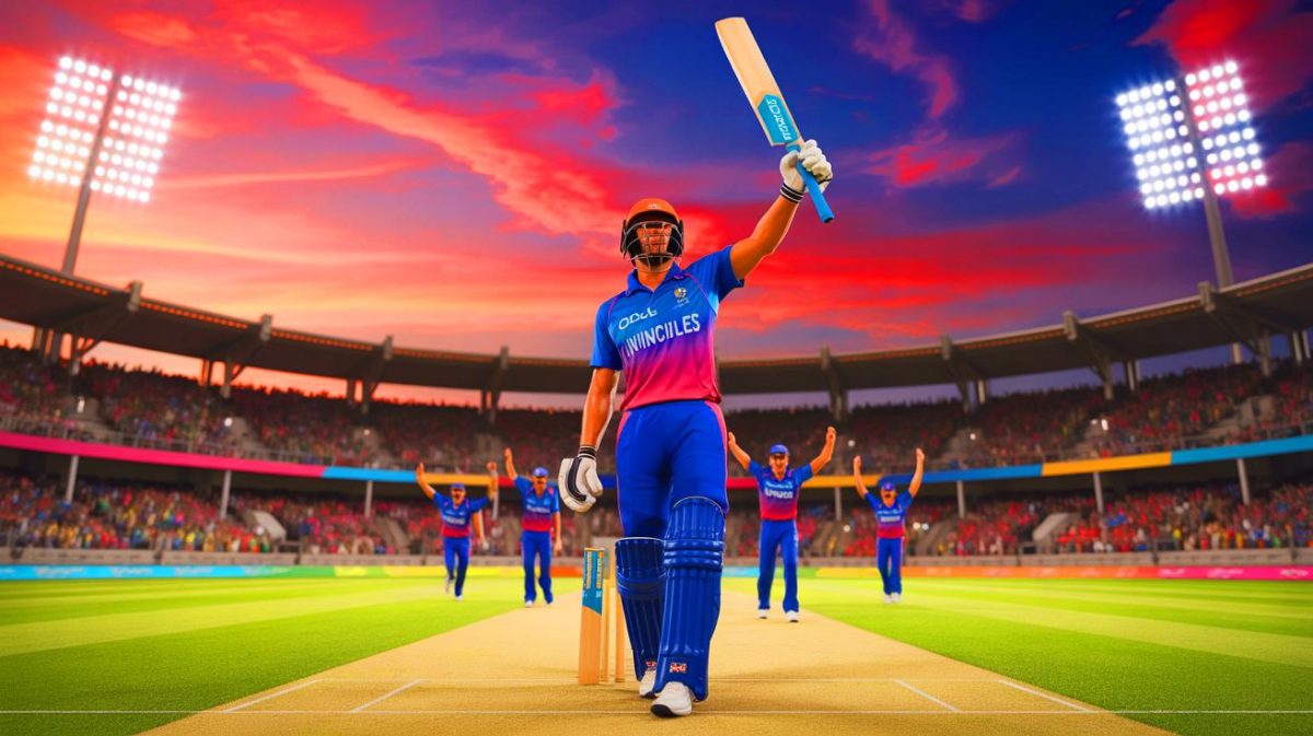 Illustration of Jordan Cox celebrating his unbeaten 56 runs for Oval Invincibles in The Hundred match against Southern Brave.