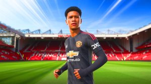 Illustration of Kobbie Mainoo in Manchester United training gear amidst discussions of a potential loan move.