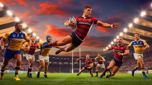 Illustration of a Leigh Leopards player scoring a try against Leeds Rhinos.