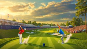 Illustration of Scottie Scheffler and Russell Henley competing in the Tour Championship at East Lake Golf Club.