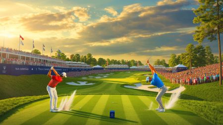 Illustration of Scottie Scheffler and Russell Henley competing in the Tour Championship at East Lake Golf Club.
