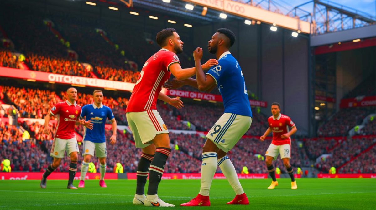Manchester United’s $50 Million Disaster: “Bruno’s Shocking Shove” and Own Goal Catastrophe Ignite Outrage Among Divided Fans Illustration of Manchester United and Everton players during a dramatic Premier League match at Old Trafford.