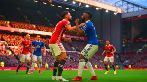Illustration of Manchester United and Everton players during a dramatic Premier League match at Old Trafford.