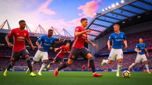 Illustration of Manchester United and Everton players competing in a Premier League Summer Series match ending in a 2-2 draw.